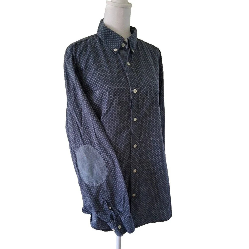 Banana Republic Mens Large Tailored Slim Fit Elbow Patch Button Front Shirt Blue